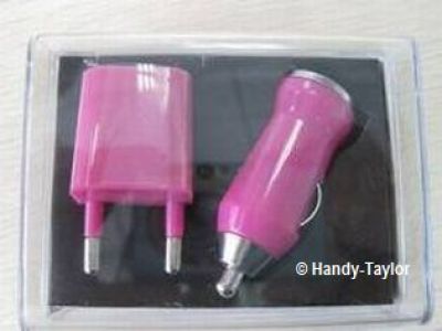 iPhone Mini USB Netz-Stecker+Auto-Adapter Pink+USB-Kabel
