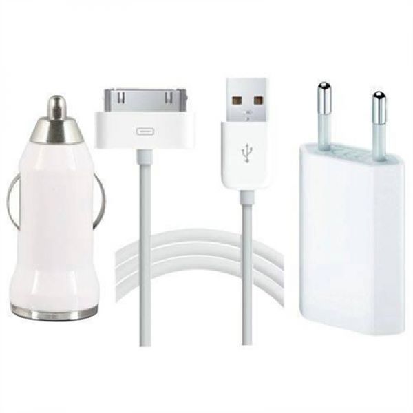 iPhone USB Netz-Stecker+Auto-Adapter+USB-Kabel Weiß